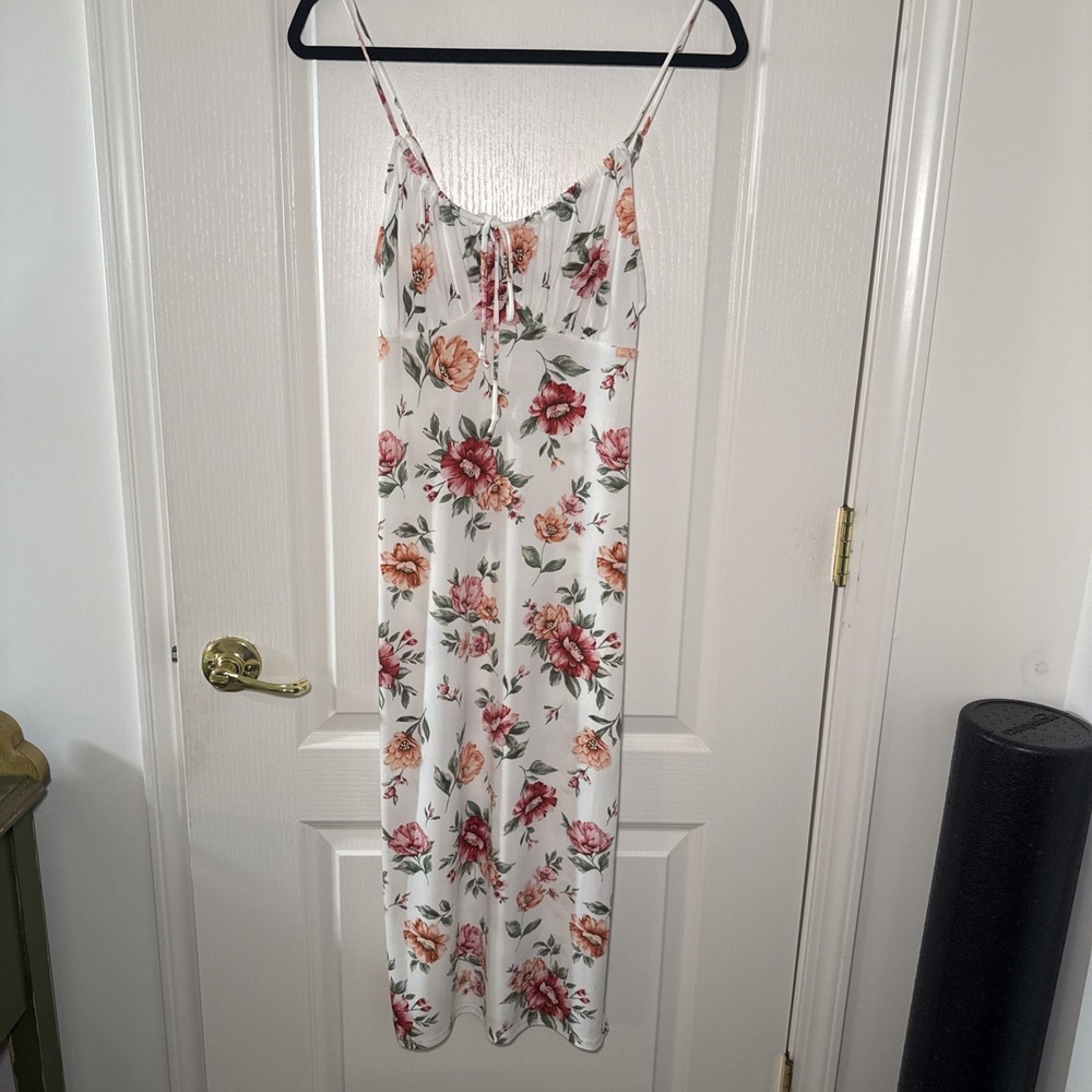 Fashion Nova Floral Lace Up Midi Dress Off White Cottagecore Coquette Sz L NWT